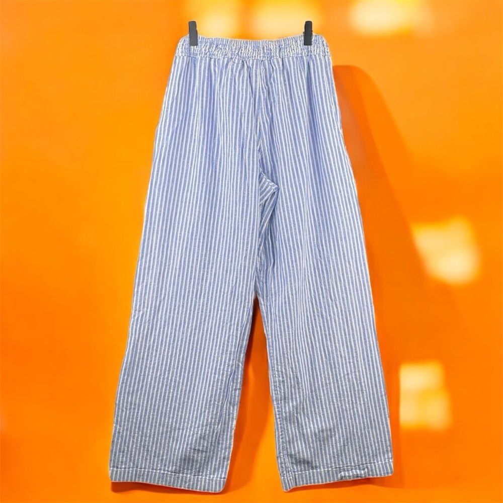 beachlunchlounge Blue and White Striped Wide Leg Linen Blend Pants Tie Waist Sm - Picture 2 of 6